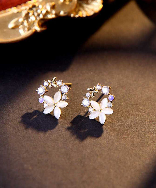 Pendientes elegantes y únicos con diseño floral de circonita y aleación de plata esterlina y oro