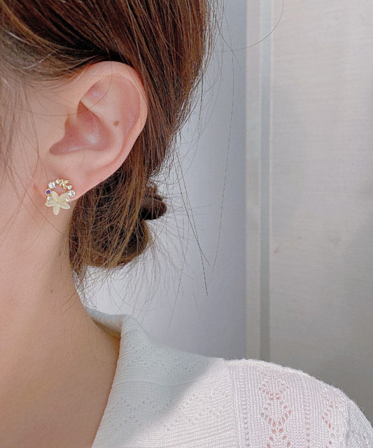 Pendientes elegantes y únicos con diseño floral de circonita y aleación de plata esterlina y oro