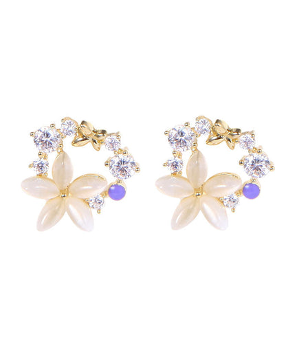 Pendientes elegantes y únicos con diseño floral de circonita y aleación de plata esterlina y oro