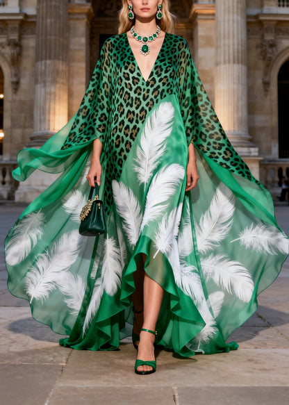Chic V Neck Asymmetrical Design Leopard Feather Print Chiffon Long Dress Summer