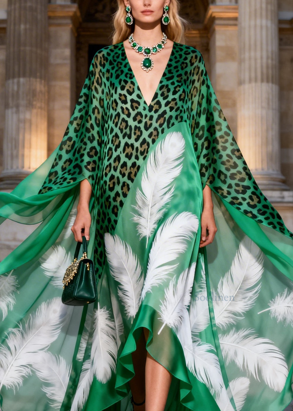 Chic V Neck Asymmetrical Design Leopard Feather Print Chiffon Long Dress Summer