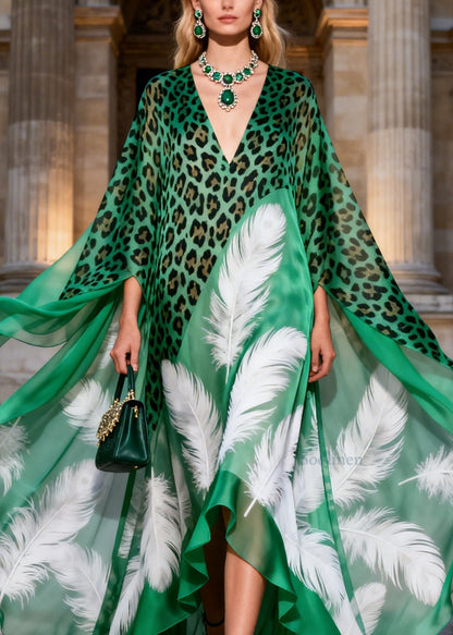Chic V Neck Asymmetrical Design Leopard Feather Print Chiffon Long Dress Summer