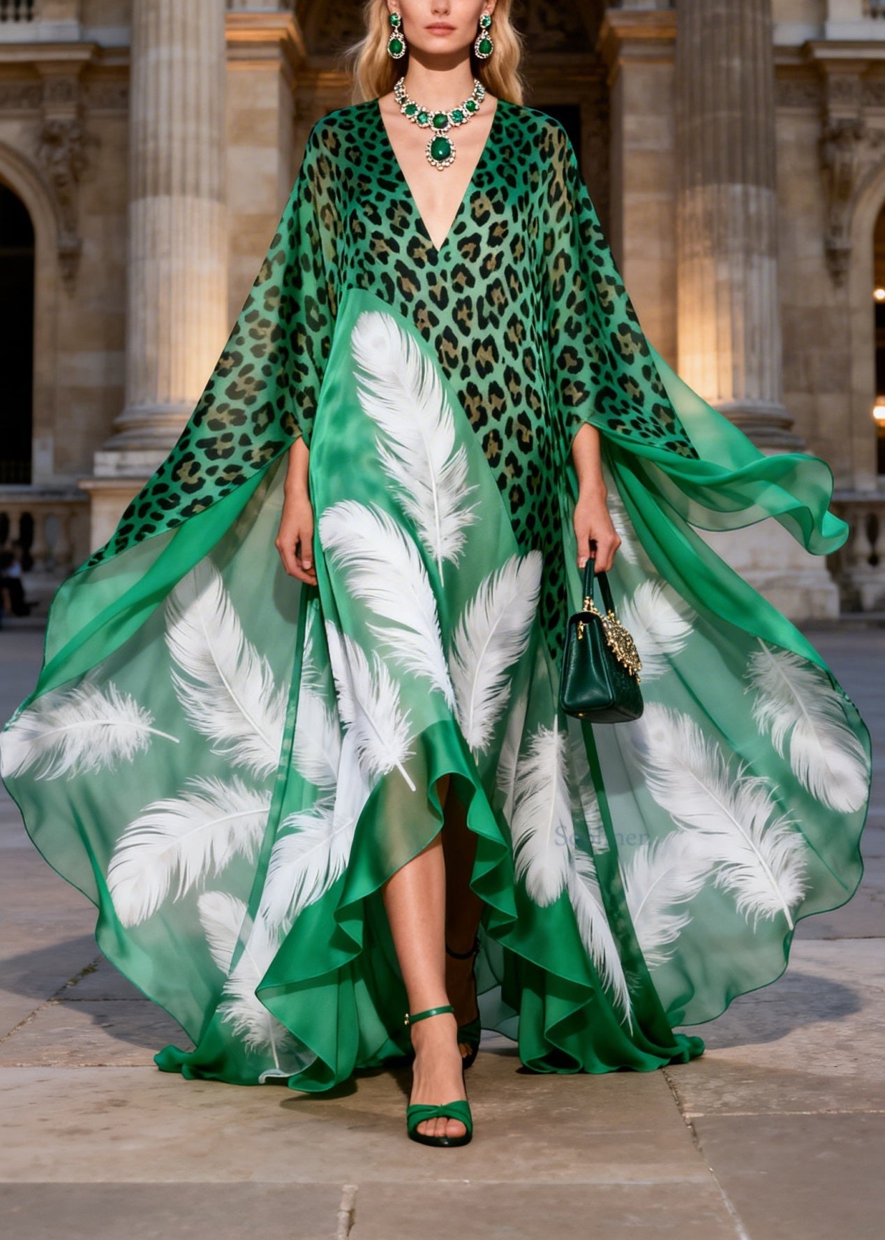 Chic V Neck Asymmetrical Design Leopard Feather Print Chiffon Long Dress Summer