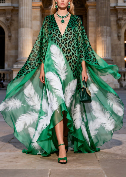 Chic V Neck Asymmetrical Design Leopard Feather Print Chiffon Long Dress Summer