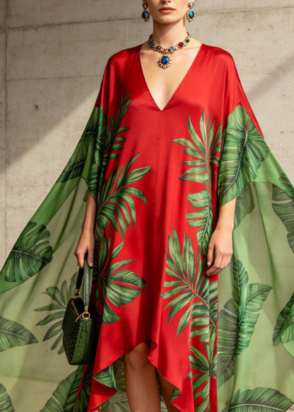 Chic V Neck Asymmetrical Design Print Chiffon Ankle Dress Summer