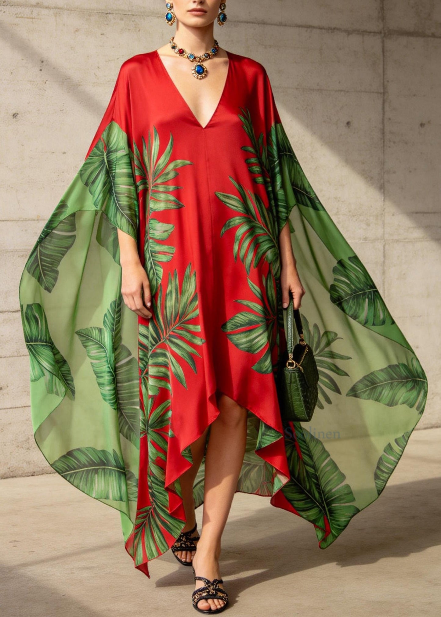 Chic V Neck Asymmetrical Design Print Chiffon Ankle Dress Summer