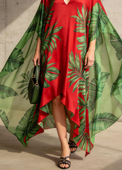 Chic V Neck Asymmetrical Design Print Chiffon Ankle Dress Summer