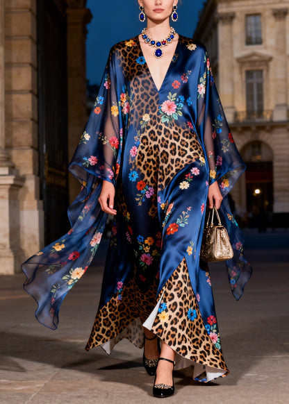 Chic V Neck Leopard Floral Print Patchwork Silk Robe Dresses Summer