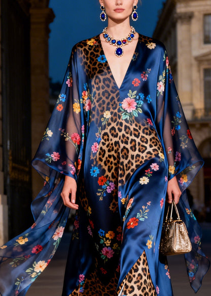 Chic V Neck Leopard Floral Print Patchwork Silk Robe Dresses Summer