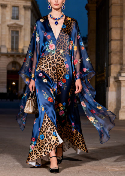 Chic V Neck Leopard Floral Print Patchwork Silk Robe Dresses Summer