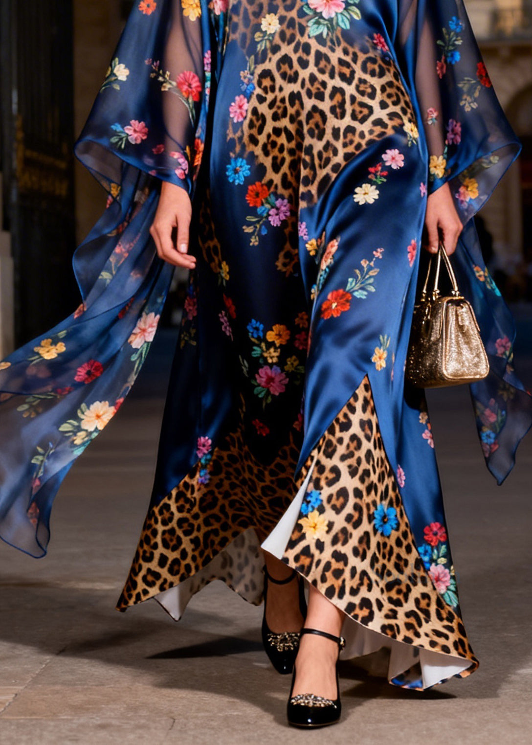 Chic V Neck Leopard Floral Print Patchwork Silk Robe Dresses Summer