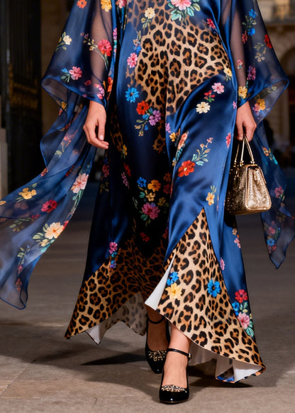 Chic V Neck Leopard Floral Print Patchwork Silk Robe Dresses Summer