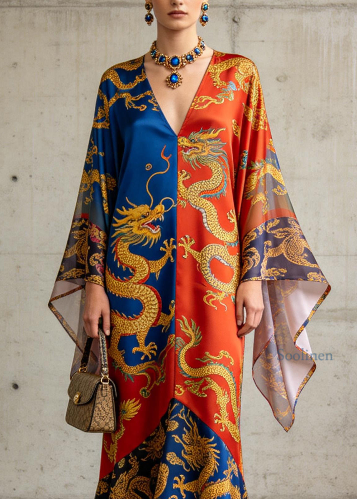 Chic V Neck Oriental Print Chiffon Summer Long Dress