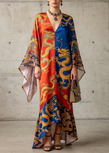 Chic V Neck Oriental Print Chiffon Summer Long Dress
