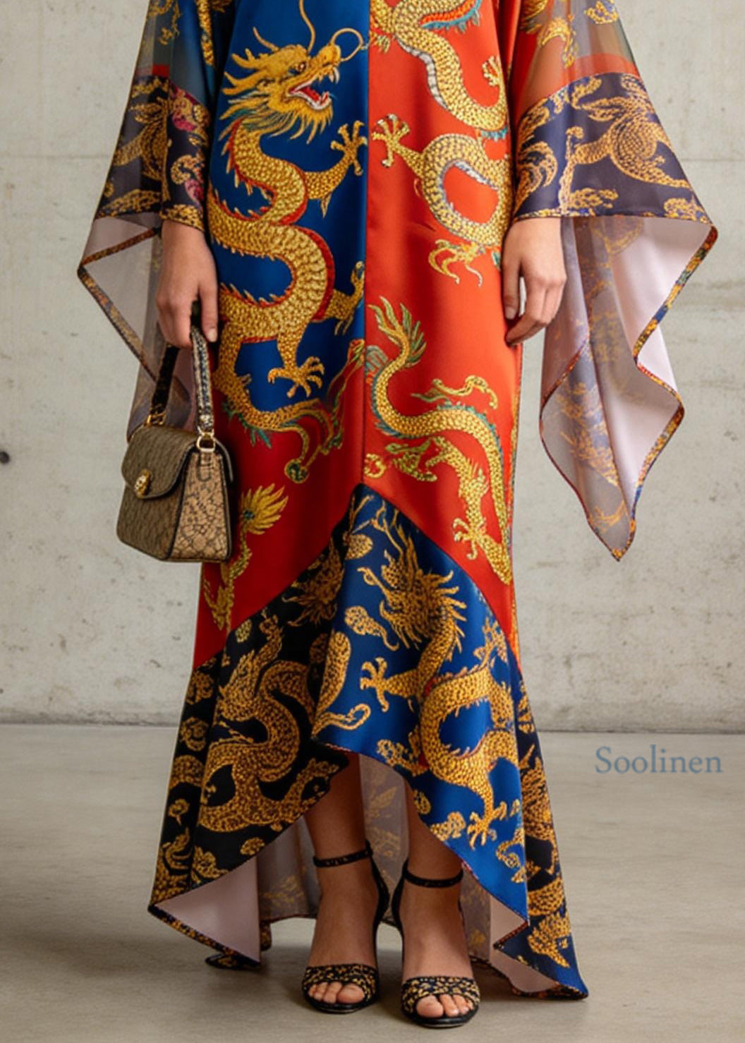 Chic V Neck Oriental Print Chiffon Summer Long Dress