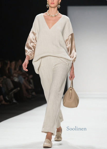 Chic V Neck Patchwork Linen Silk Two Pieces Set Spring