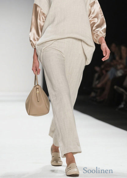 Chic V Neck Patchwork Linen Silk Two Pieces Set Spring