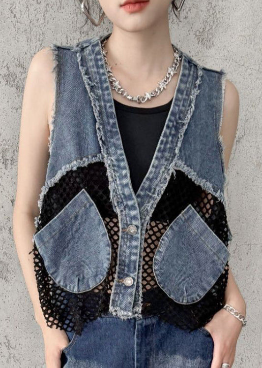 Chic V Neck Pockets Breathable Mesh Patchwork Denim Vest Sleeveless