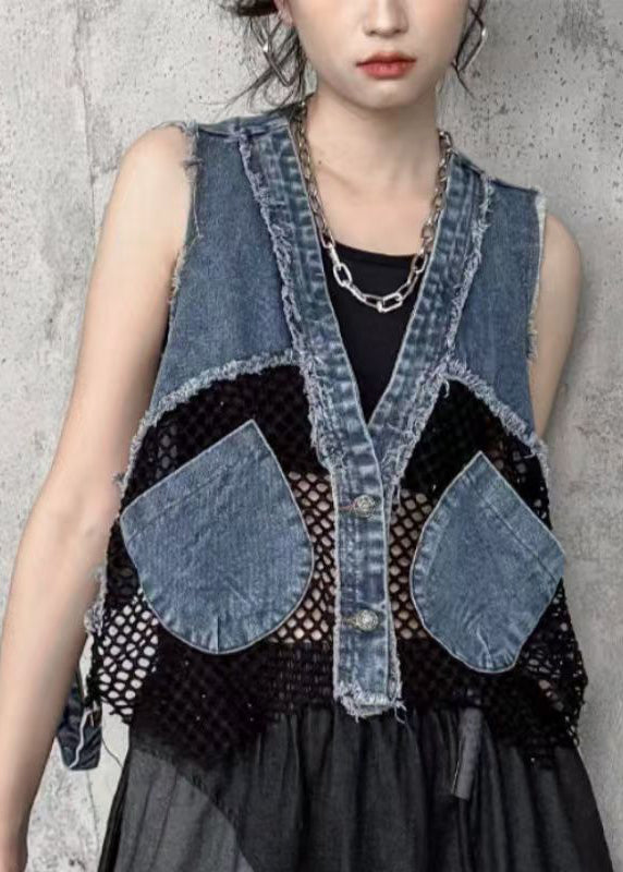 Chic V Neck Pockets Breathable Mesh Patchwork Denim Vest Sleeveless