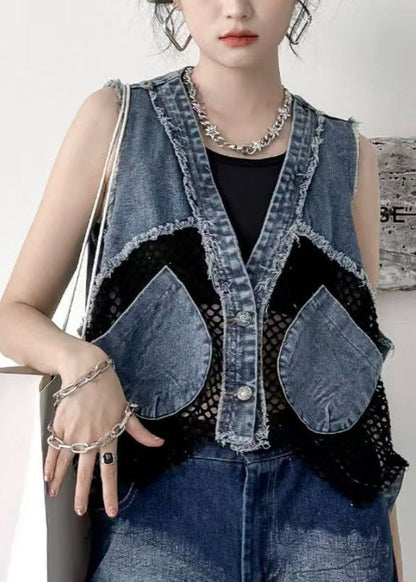 Chic V Neck Pockets Breathable Mesh Patchwork Denim Vest Sleeveless