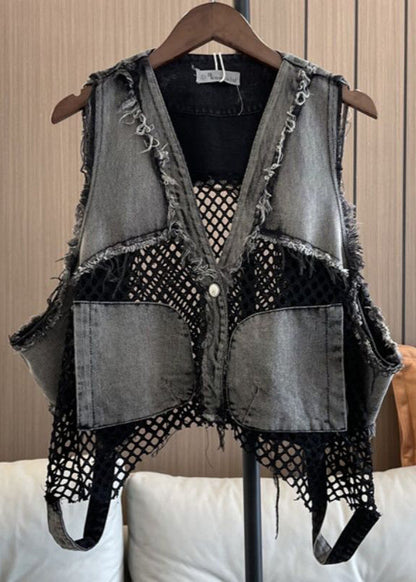 Chic V Neck Pockets Breathable Mesh Patchwork Denim Vest Sleeveless