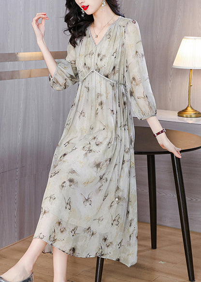 Schickes Chiffon-Langkleid mit V-Ausschnitt und Schnürung und Laternenärmeln