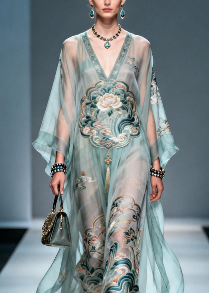 Chic V Neck Print Loose Chiffon Long Dress Spring