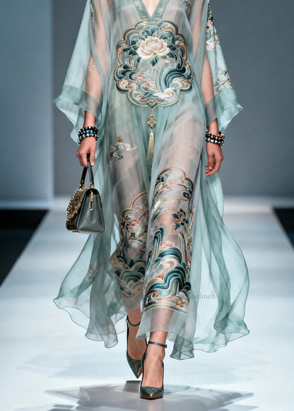Chic V Neck Print Loose Chiffon Long Dress Spring