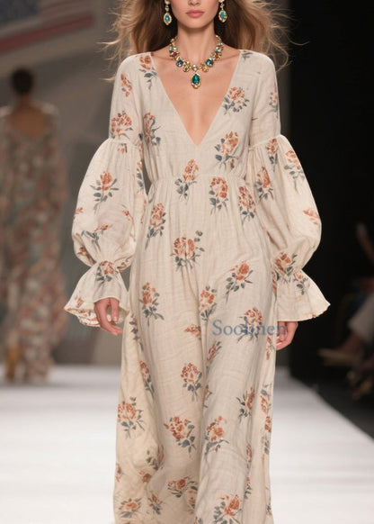 Schicke lange Baumwollkleider mit V-Ausschnitt, Patchwork-Print und Frühlingsmotiven