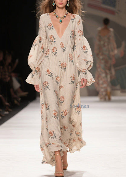 Schicke lange Baumwollkleider mit V-Ausschnitt, Patchwork-Print und Frühlingsmotiven