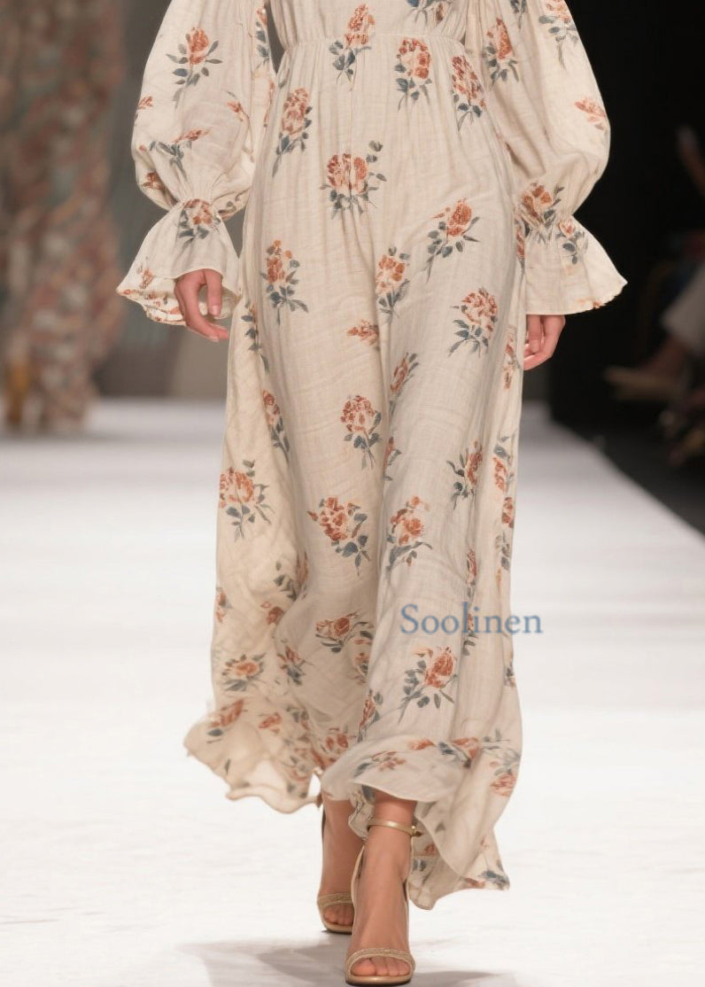 Schicke lange Baumwollkleider mit V-Ausschnitt, Patchwork-Print und Frühlingsmotiven