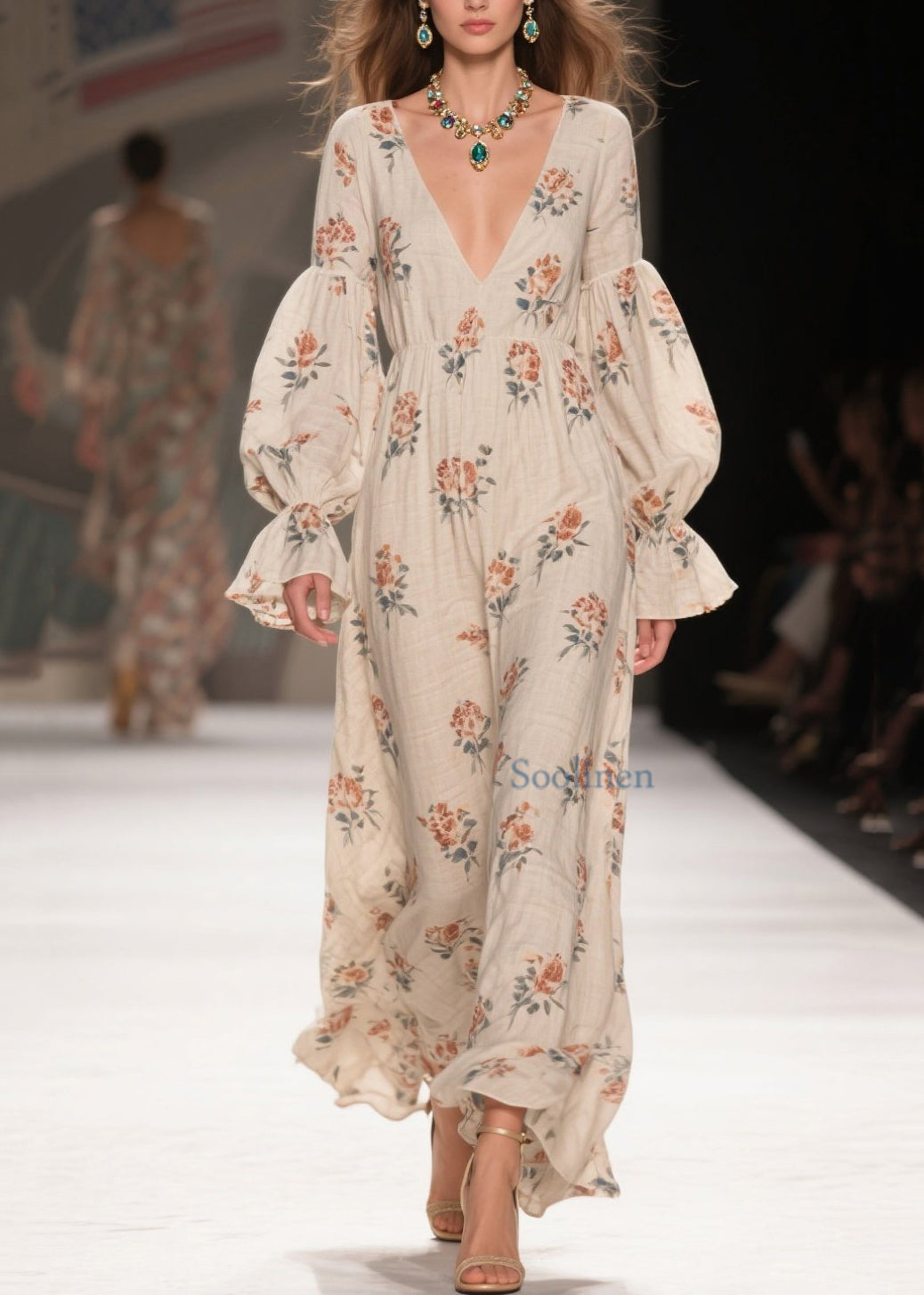 Schicke lange Baumwollkleider mit V-Ausschnitt, Patchwork-Print und Frühlingsmotiven