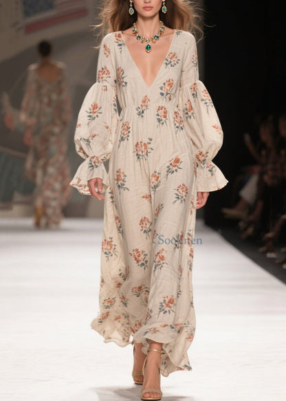 Schicke lange Baumwollkleider mit V-Ausschnitt, Patchwork-Print und Frühlingsmotiven