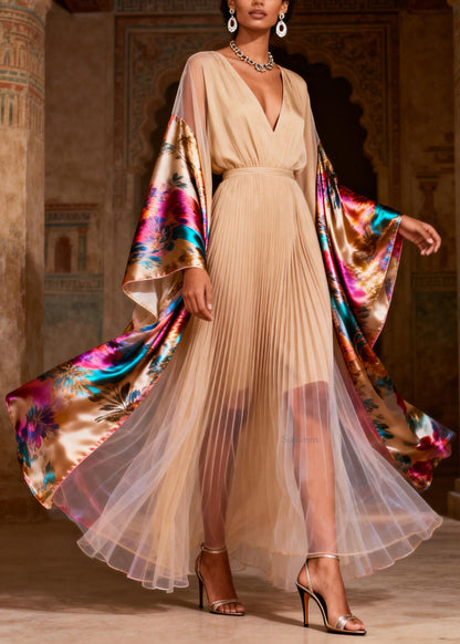 Chic V Neck Print Wrinkled Patchwork Silk Dress Spring