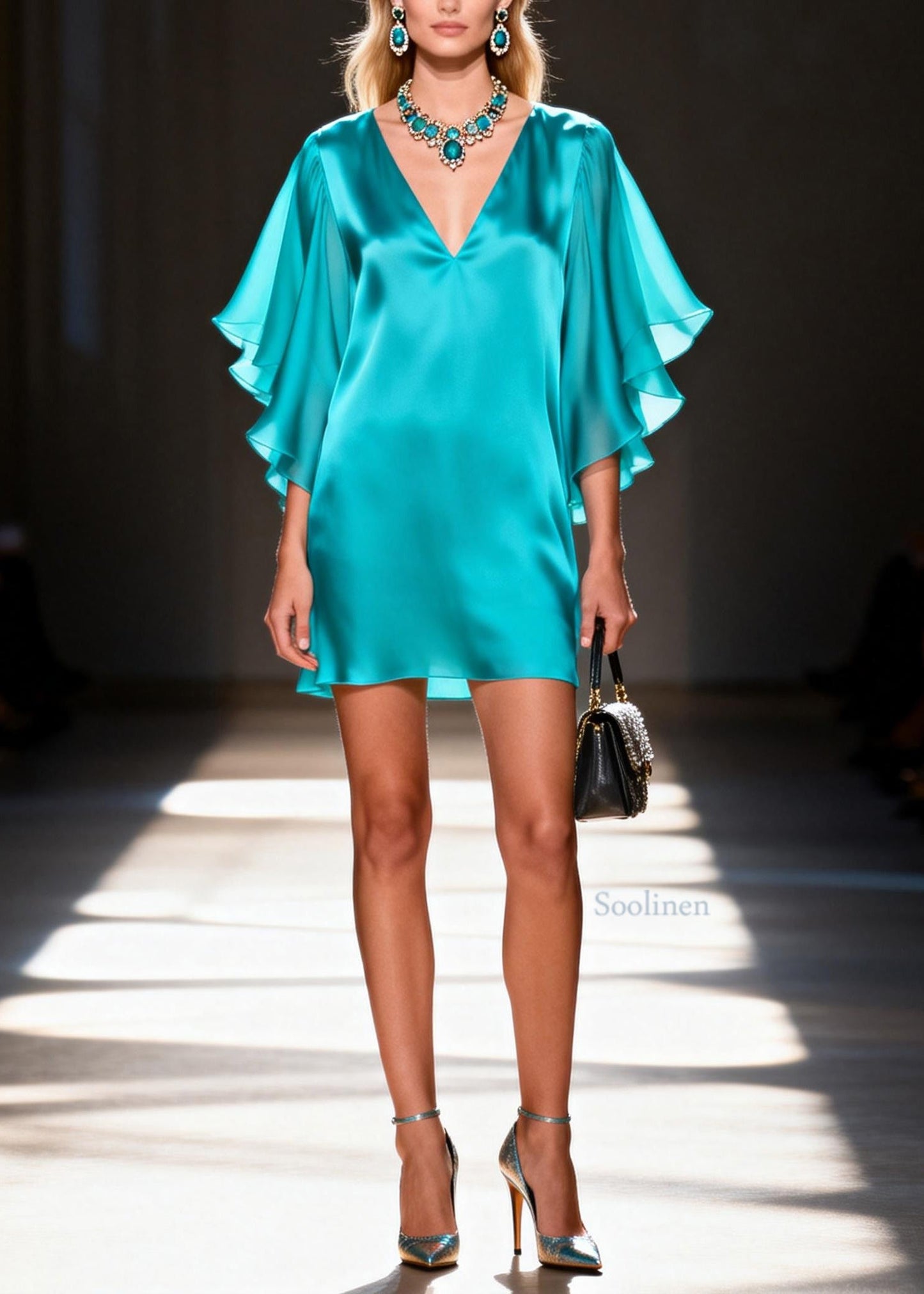 Chic V Neck Silk Mid Dress Butterfly Sleeve