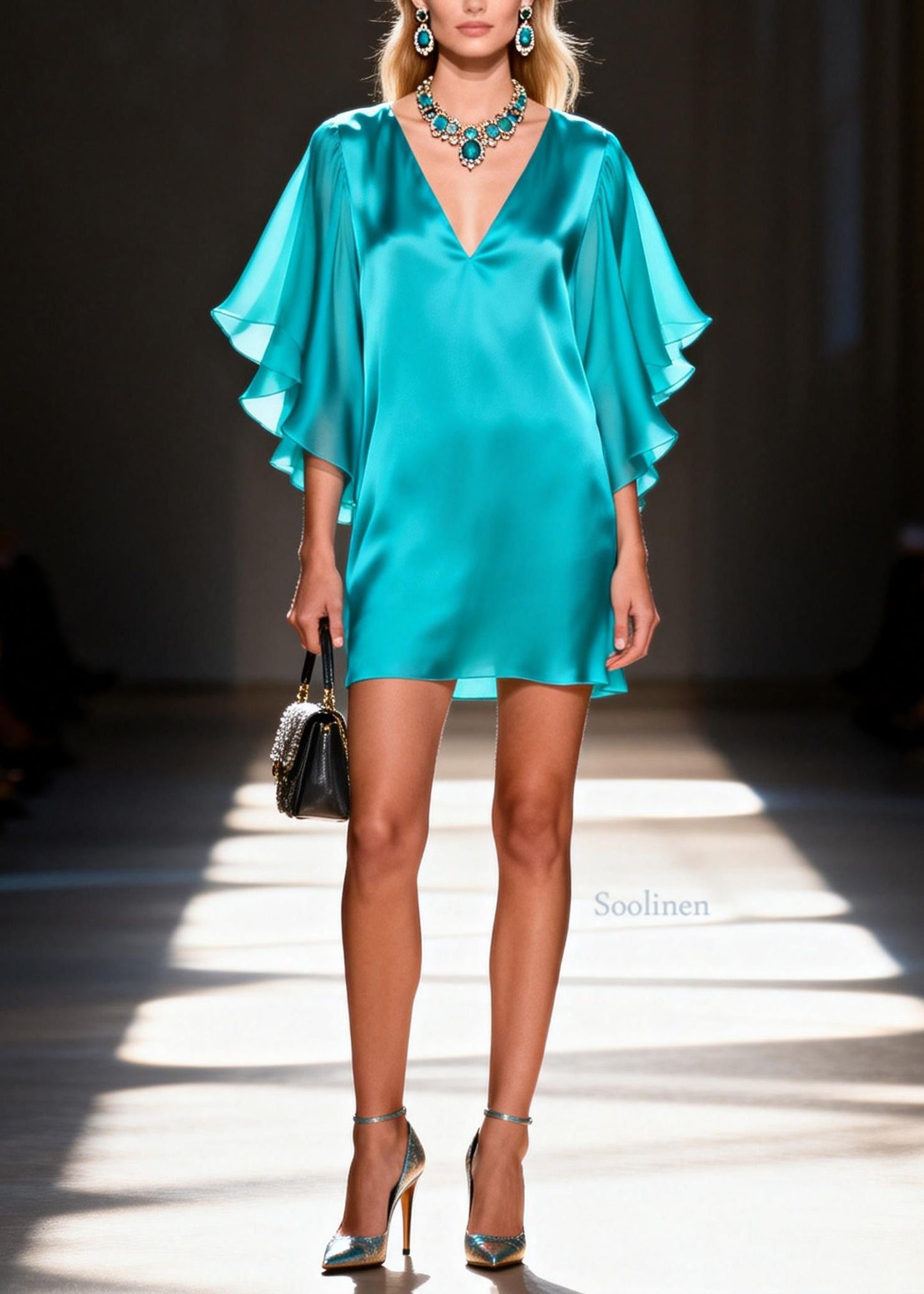 Chic V Neck Silk Mid Dress Butterfly Sleeve