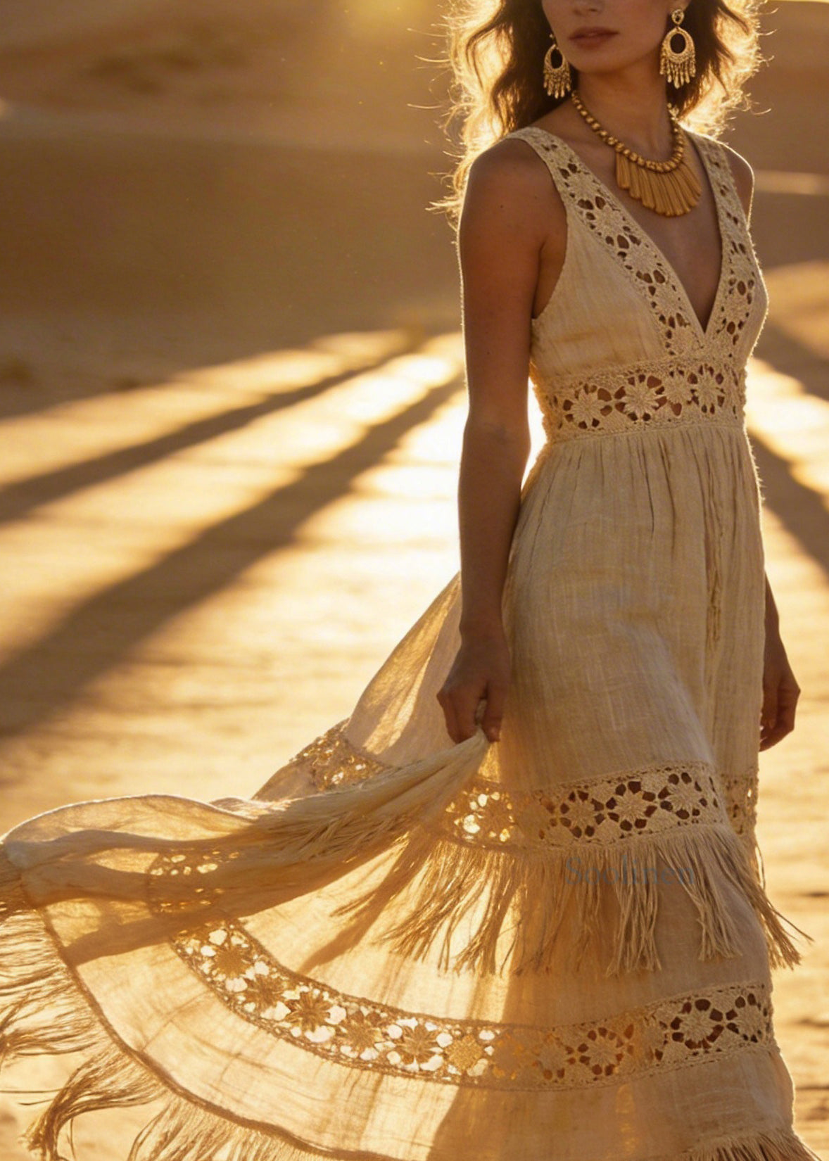 Chic V Neck Tassel Patchwork Cotton Maxi Dresses Sleeveless