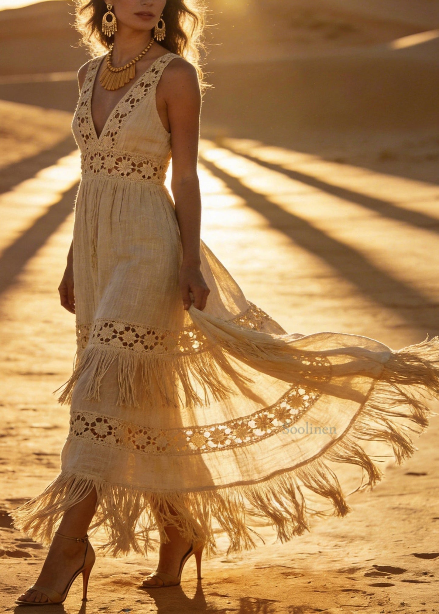 Chic V Neck Tassel Patchwork Cotton Maxi Dresses Sleeveless