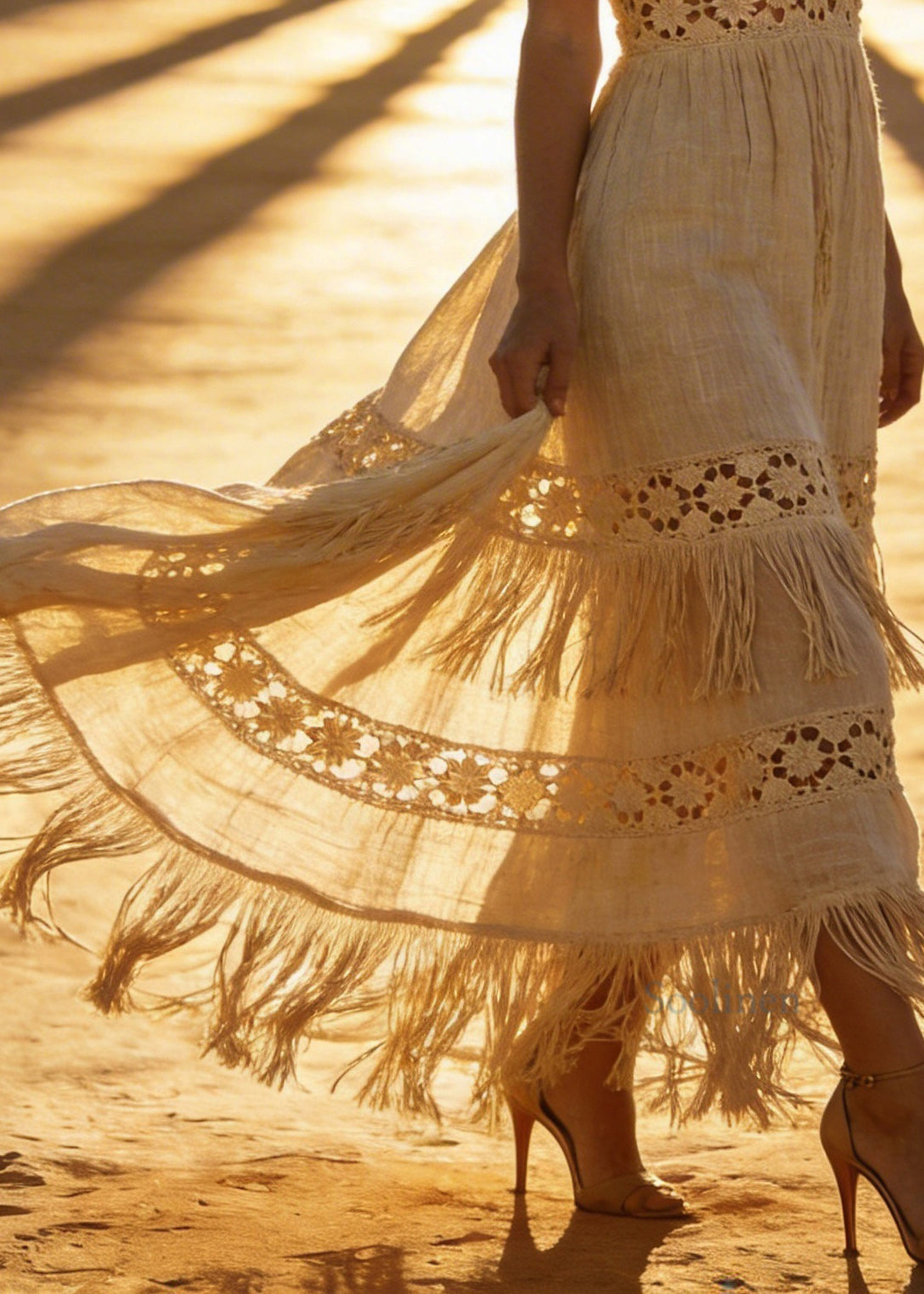 Chic V Neck Tassel Patchwork Cotton Maxi Dresses Sleeveless