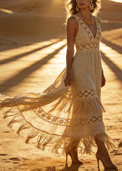 Chic V Neck Tassel Patchwork Cotton Maxi Dresses Sleeveless