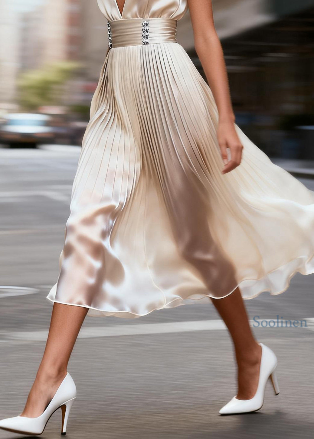 Chic V Neck Wrinkled Patchwork Silk Long Dresses Sleeveless