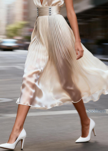 Chic V Neck Wrinkled Patchwork Silk Long Dresses Sleeveless