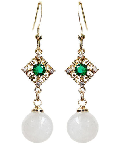 Elegantes aretes colgantes de jade y circonita con incrustaciones de oro blanco de 14 quilates