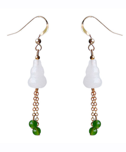 Elegantes aretes colgantes con borlas de piedra preciosa de calabaza de jade en oro blanco de 14 quilates