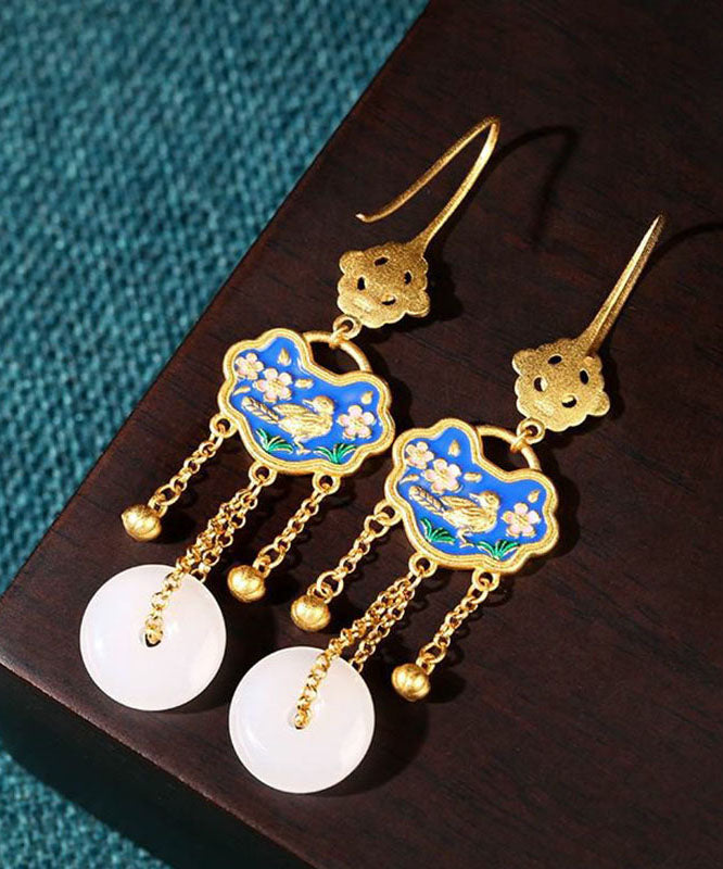Schicke weiße antike Gold Jade Ping Schnalle Vögel Blumen Tropfen Ohrringe