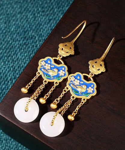 Schicke weiße antike Gold Jade Ping Schnalle Vögel Blumen Tropfen Ohrringe