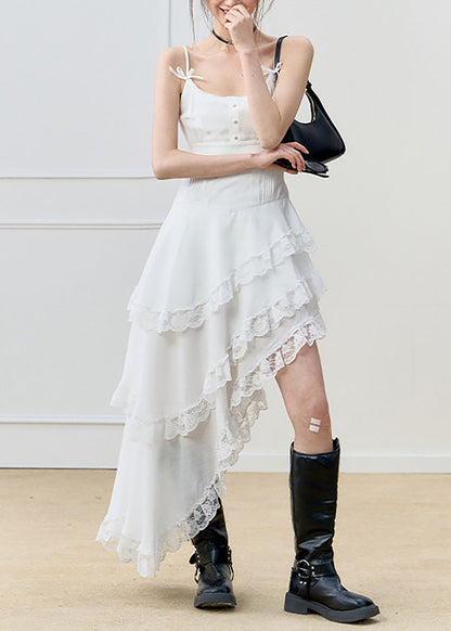 Chic White Asymmetrical Lace Patchwork Cotton Spaghetti Strap Dresses Summer