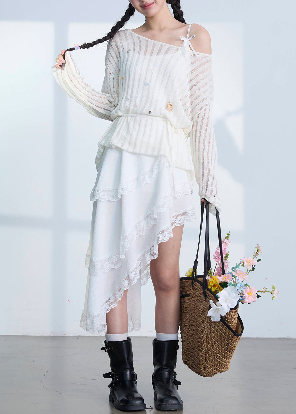 Chic White Asymmetrical Lace Patchwork Cotton Spaghetti Strap Dresses Summer