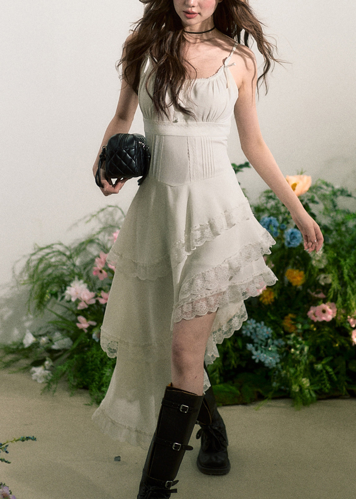 Chic White Asymmetrical Lace Patchwork Cotton Spaghetti Strap Dresses Summer