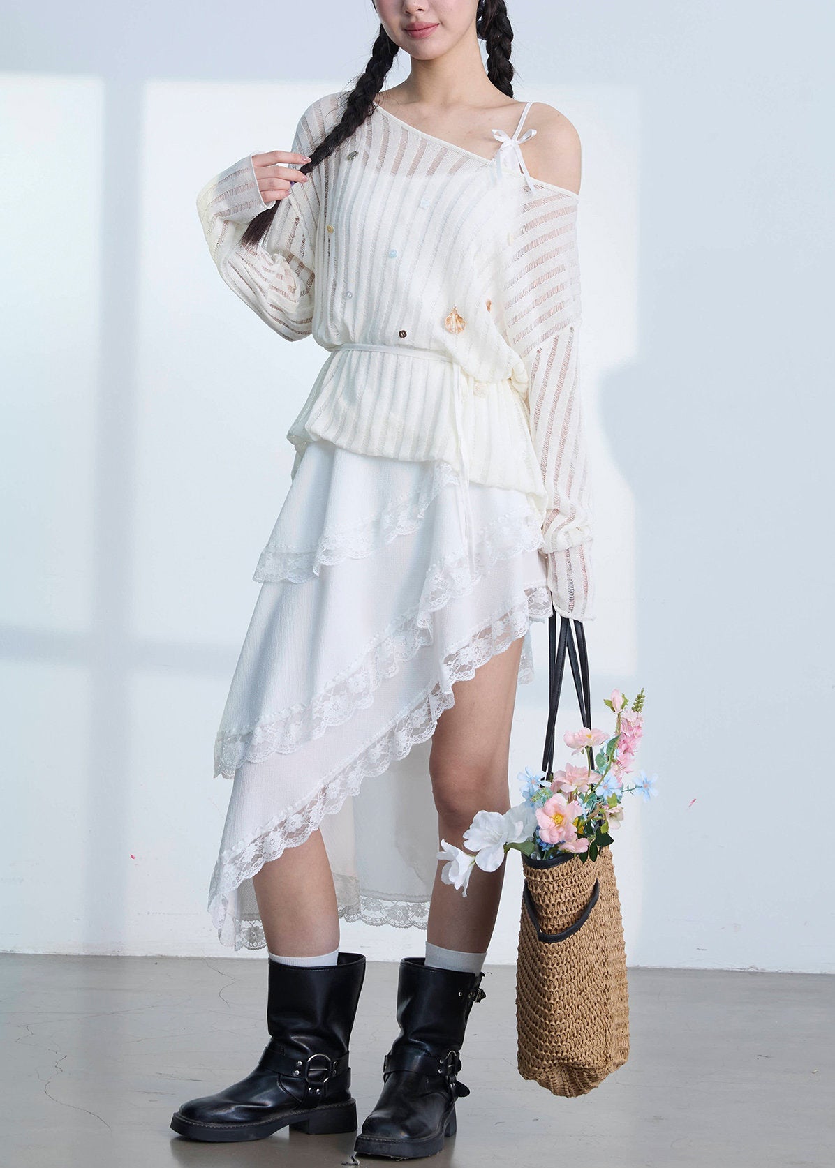 Chic White Asymmetrical Lace Patchwork Cotton Spaghetti Strap Dresses Summer